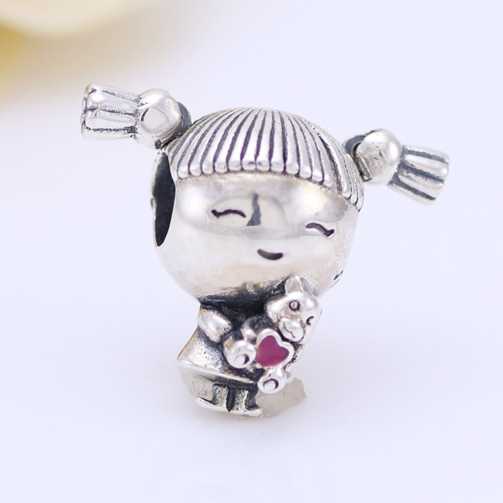 Little Girl pigtail friendly smile Pink Heart Bear Pandora Charm  Back to School